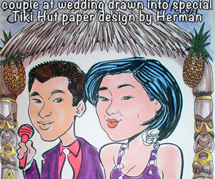 Caricature of a wedding couple under a Tiki Tent